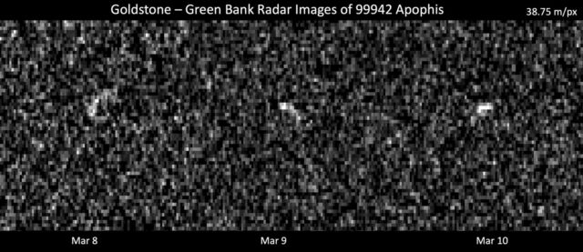 Ces vues radar granuleuses de l'astéroïde Apophis ont été capturées à l'aide de radars du complexe de communications spatiales Goldstone de la NASA en Californie et du télescope Green Bank en Virginie-Occidentale.