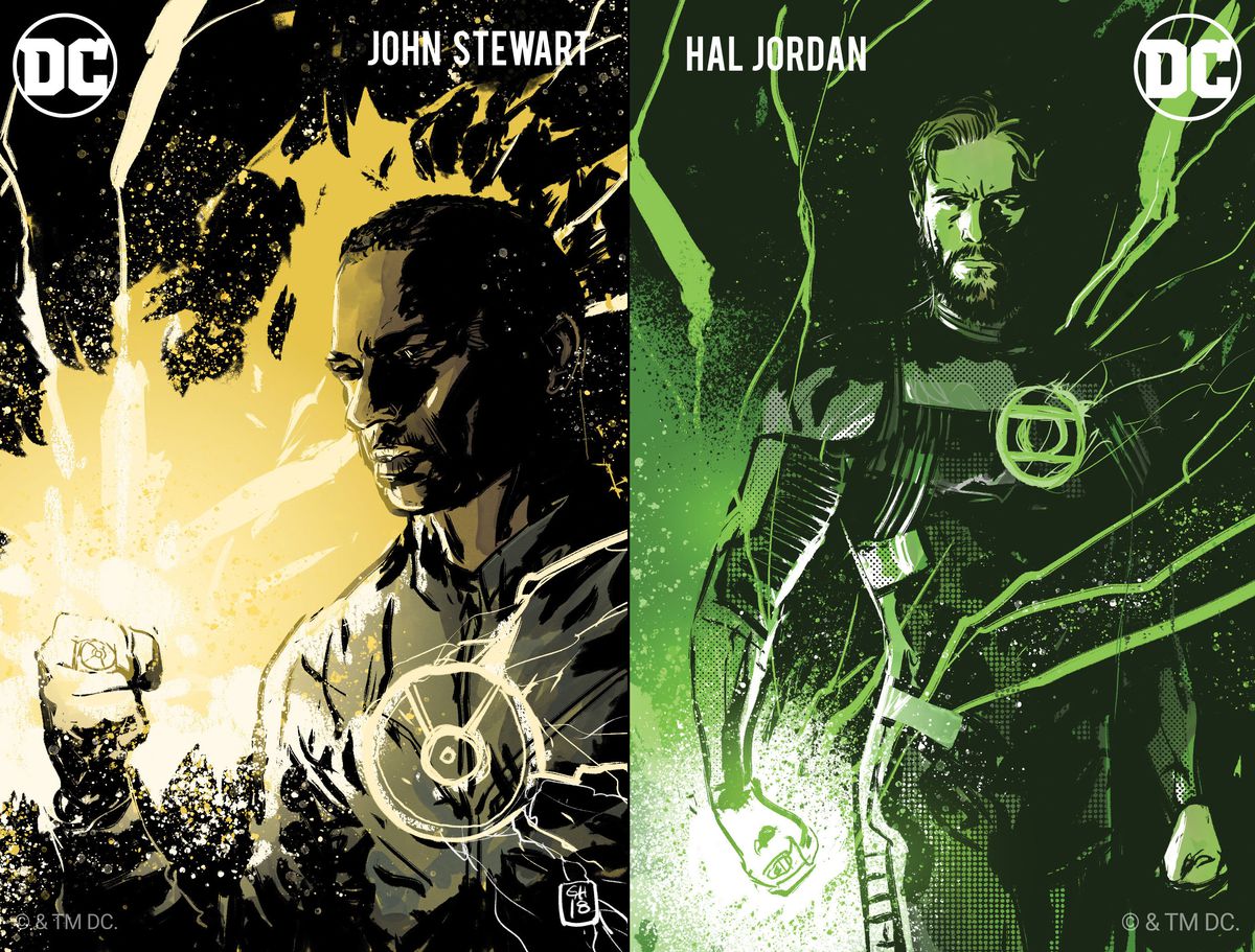 John Stewart Green Lantern ombré en jaune et Hal Jordan ombré en vert pour l'illustration promotionnelle de l'émission télévisée Lanterns