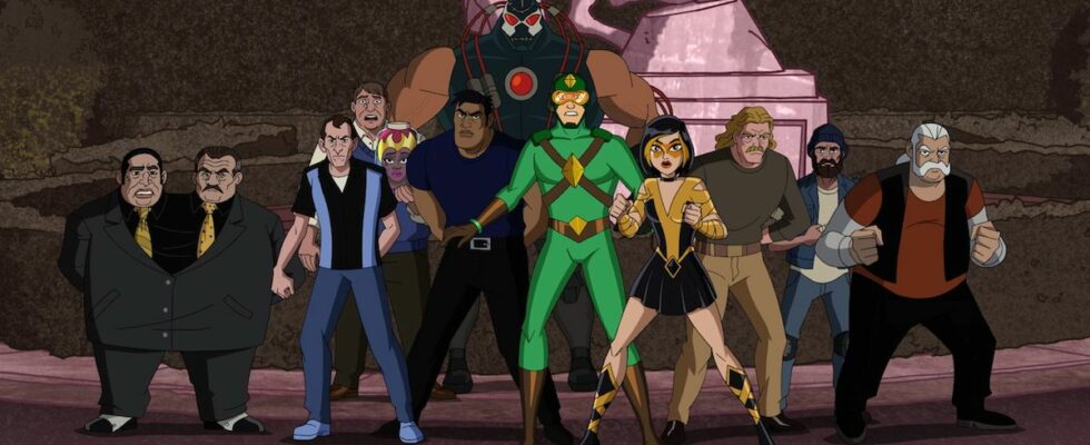 Group shot of the main protagonist villains in Kite Man: Hell Yeah! series premiere