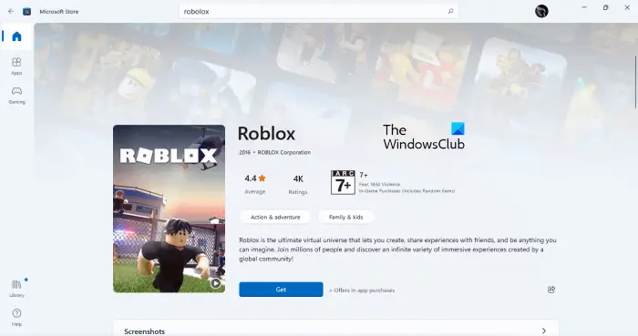 Installer Robolox depuis le Microsoft Store