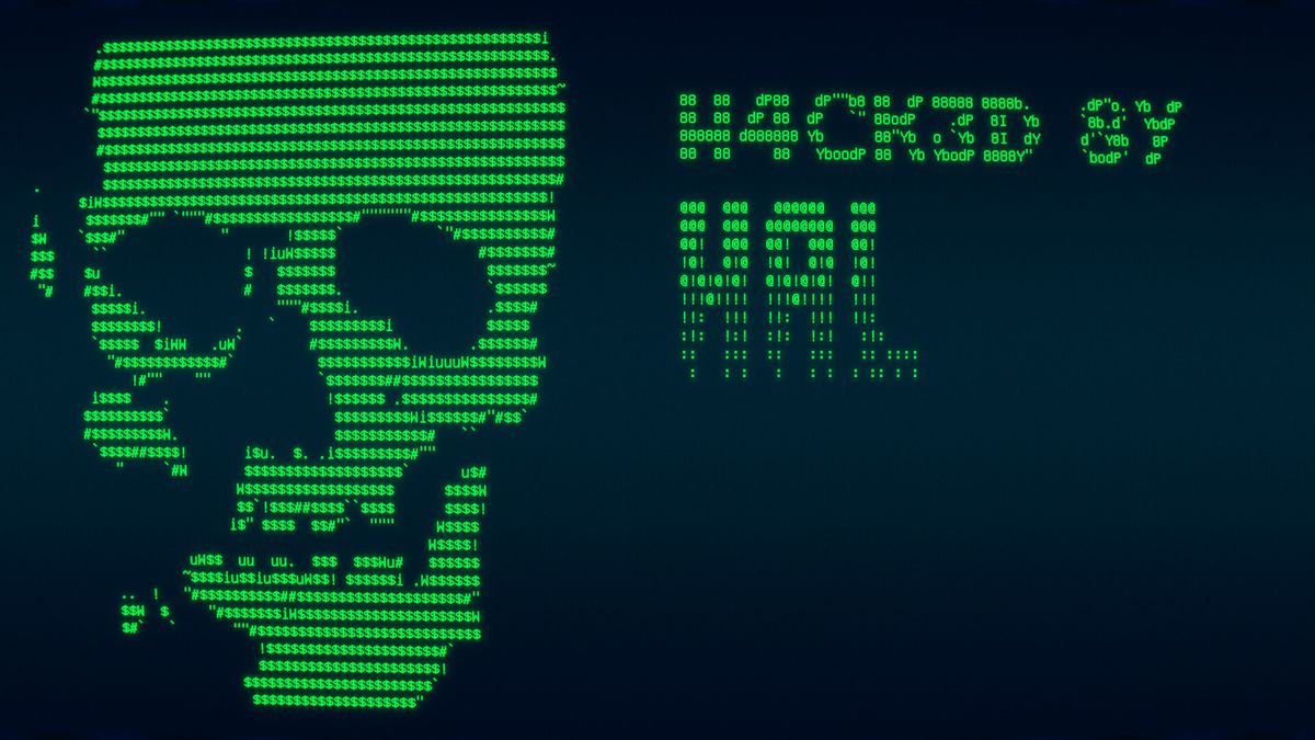 La carte de visite du hacker HAL, montrant un crâne et une signature en ASCII représentés sur un moniteur des années 90.