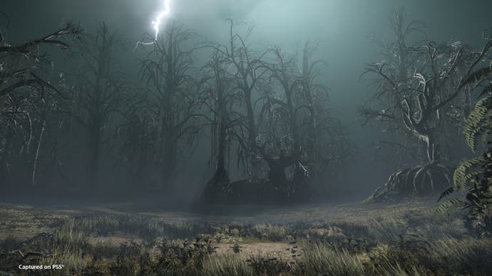 Capture d'écran de Helldivers 2 montrant un marais sombre avec des arbres noircis