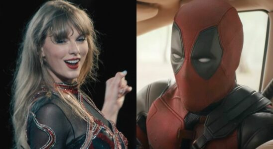 From left to right: Taylor Swift looking over her shoulder during the Eras Tour and Deadpool sitting in a car in Deadpool and Wolverine.