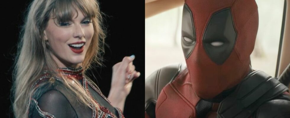 From left to right: Taylor Swift looking over her shoulder during the Eras Tour and Deadpool sitting in a car in Deadpool and Wolverine.