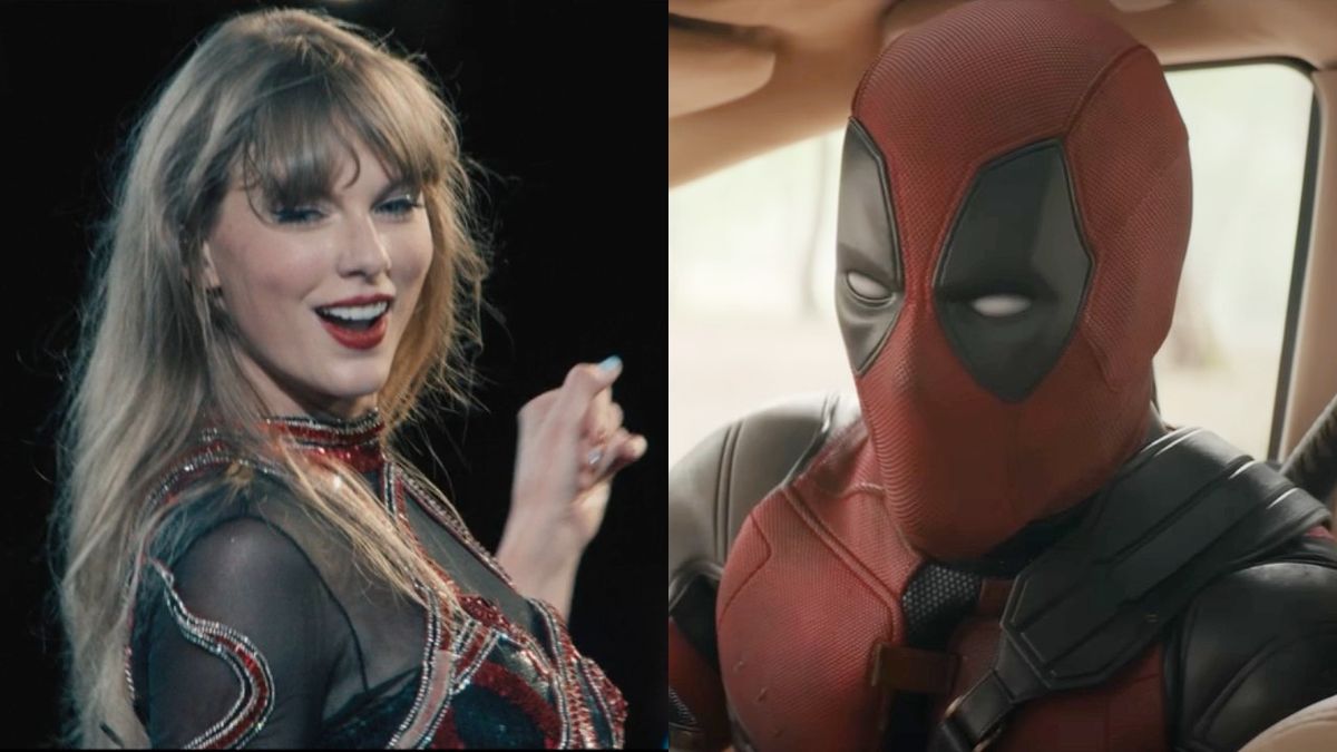 From left to right: Taylor Swift looking over her shoulder during the Eras Tour and Deadpool sitting in a car in Deadpool and Wolverine.