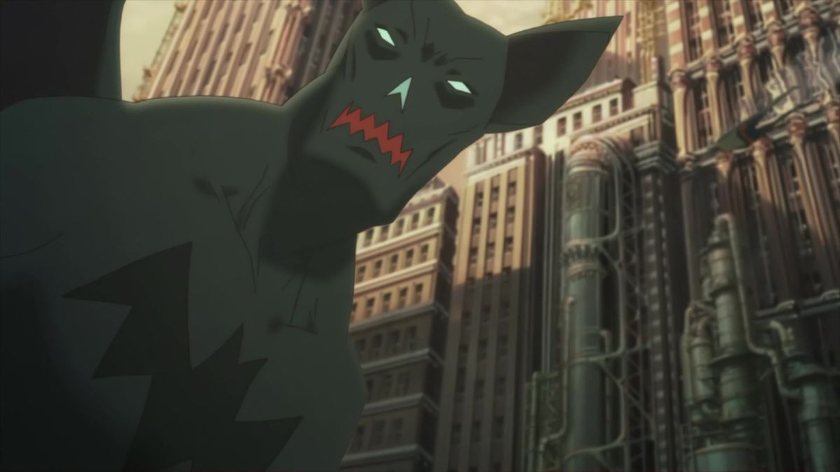 Batman, ressemblant à un monstre hybride humain-chauve-souris, dans Gotham Knight