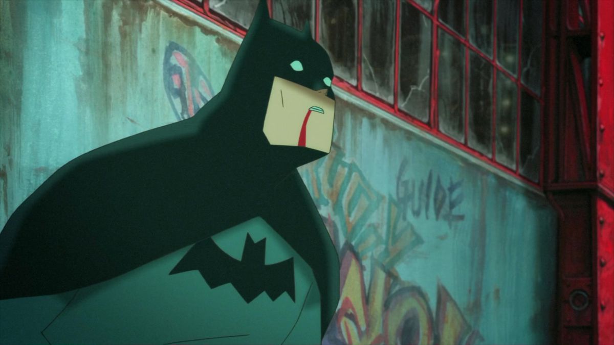 Batman normal, avec du sang coulant sur sa lèvre, dans Gotham Knight