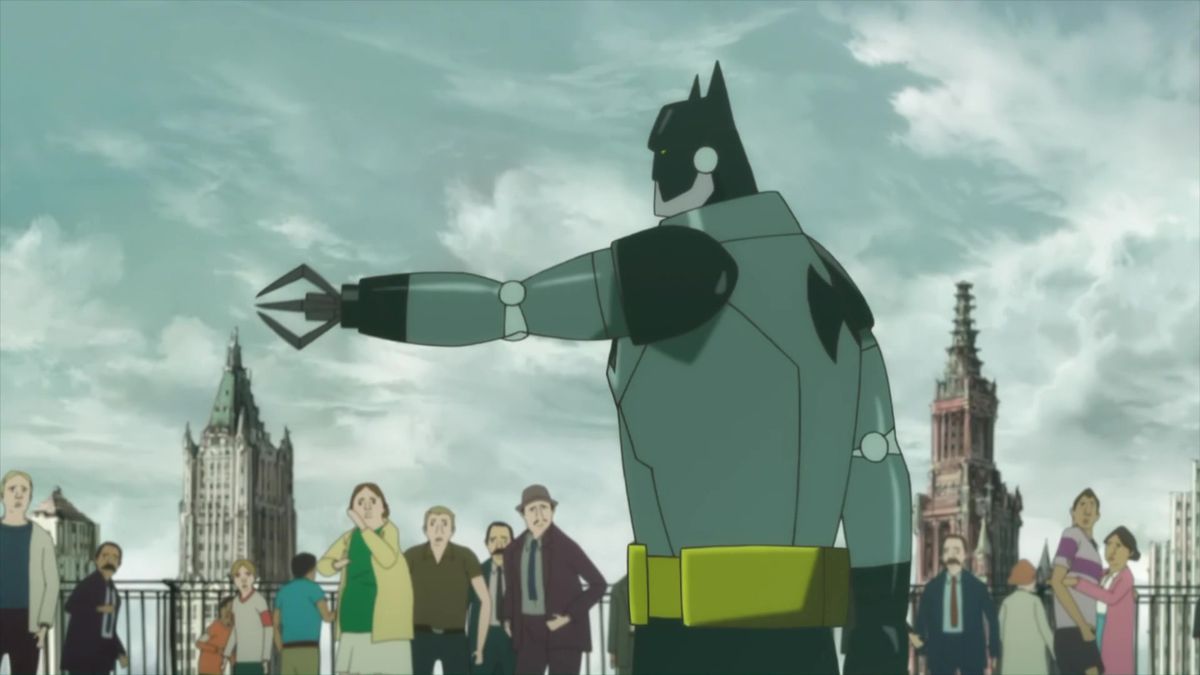 Batman cyborg avec un bras en métal qui sort sa griffe de batman, dans Gotham Knight