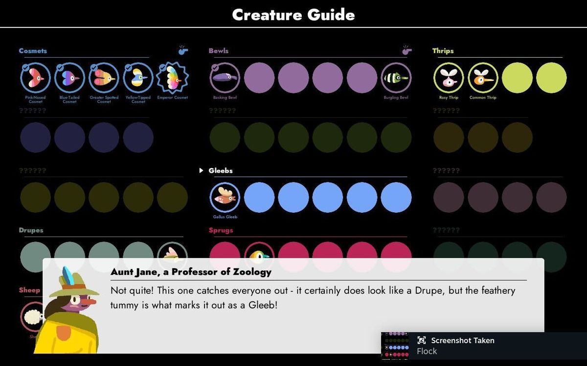 Une image de la page de sélection de la famille où le joueur doit déterminer à quelle famille appartient sa créature dans Flock. Le bas de l'écran contient une réponse de votre tante Jane, une chercheuse locale.
