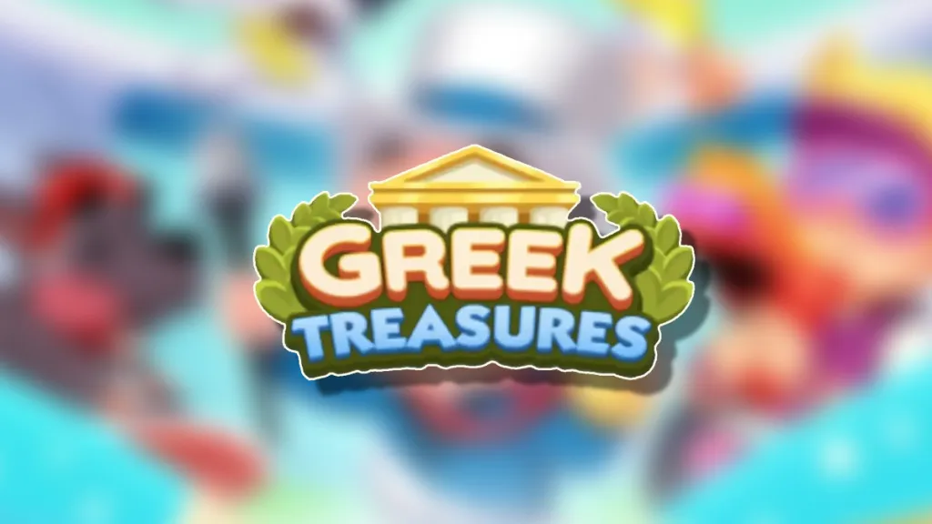 Le logo des Trésors grecs sur un arrière-plan flou du Monopoly GO en tête d'un article détaillant les récompenses et les jalons que les joueurs peuvent gagner pendant l'événement