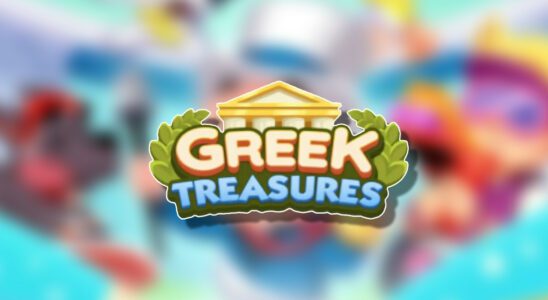 The Greek Treasures Logo on top of a blurred Monopoly GO Background headlining an article detailing the rewards and milestones that players can earn during the event