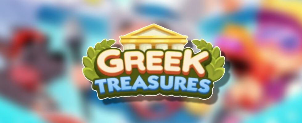 The Greek Treasures Logo on top of a blurred Monopoly GO Background headlining an article detailing the rewards and milestones that players can earn during the event