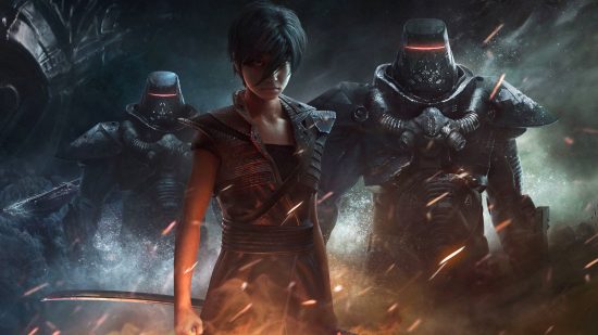 Date de sortie de Beyond Good and Evil 2 : une image inquiétante de Jade flanquée de deux soldats avec des visières sombres.