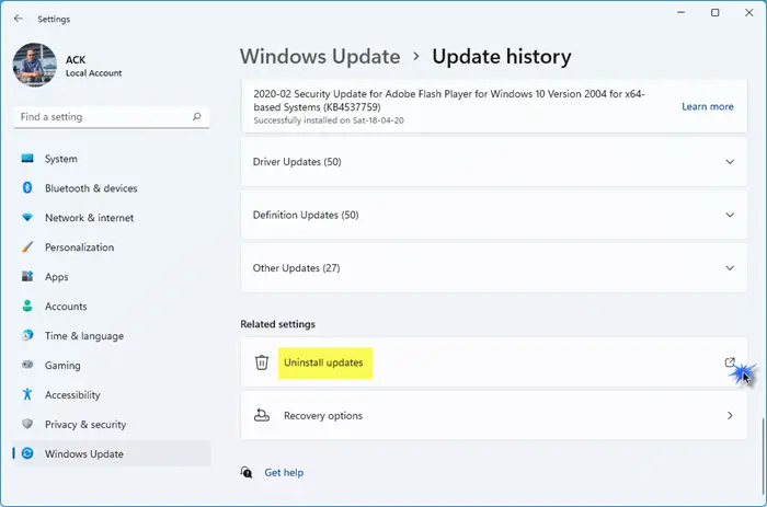 Désinstaller les mises à jour Windows dans Windows 11