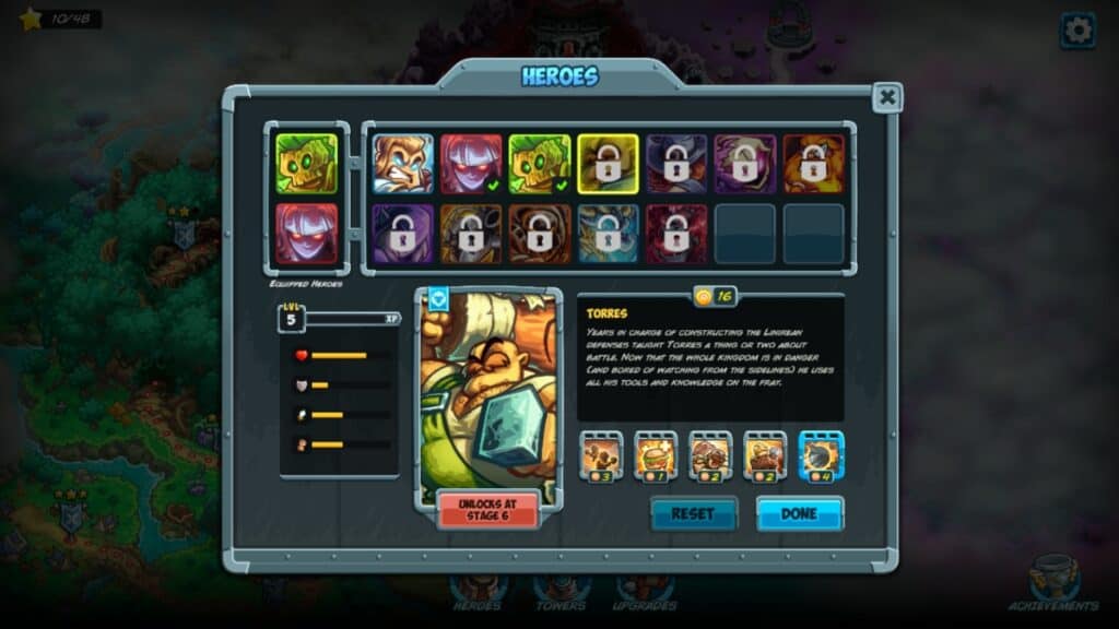 L'écran de sélection des héros dans Kingdom Rush 5: Alliance