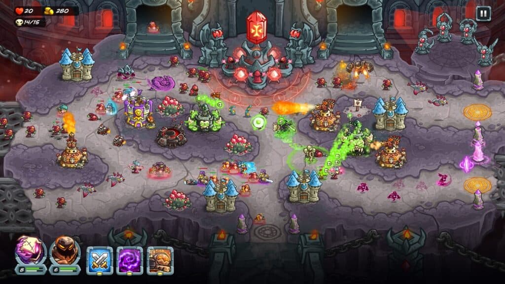 Des monstres ennemis périssent, coincés entre les tours Nécromancien et Flamme dans Kingdom Rush 5: Alliance