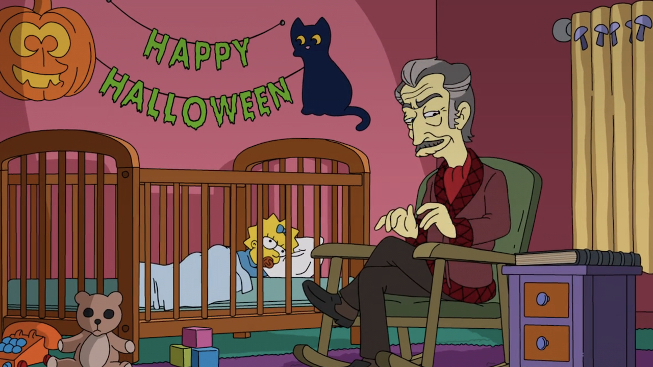 Parodie de Vincent Price assis dans un fauteuil à bascule dans la chambre de Maggie avec des décorations d'Halloween pour Treehouse of Horror 32 des Simpson