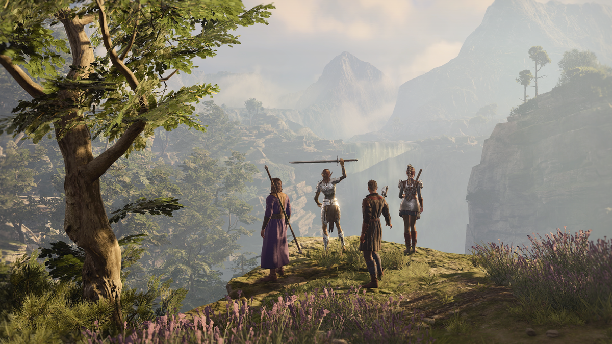 Quatre des personnages principaux de Baldur's Gate 3 se tiennent ensemble sur une falaise, dos à la caméra, comme s'ils surplombaient l'aventure à venir.
