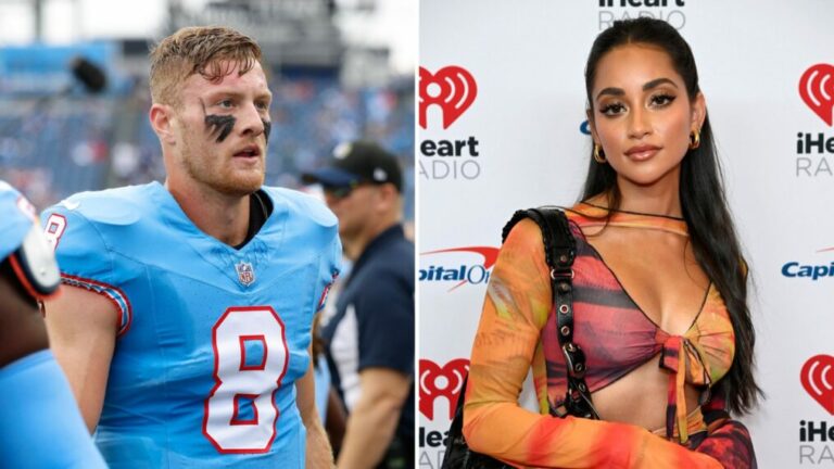 Will Levis #8 of the Tennessee Titans looks on before the game against the Atlanta Falcons at Nissan Stadium on October 29, 2023 in Nashville, Tennessee; Victoria Fuller arrives at the 2022 iHeartRadio Music Festival at T-Mobile Arena on September 23, 2022 in Las Vegas, Nevada.