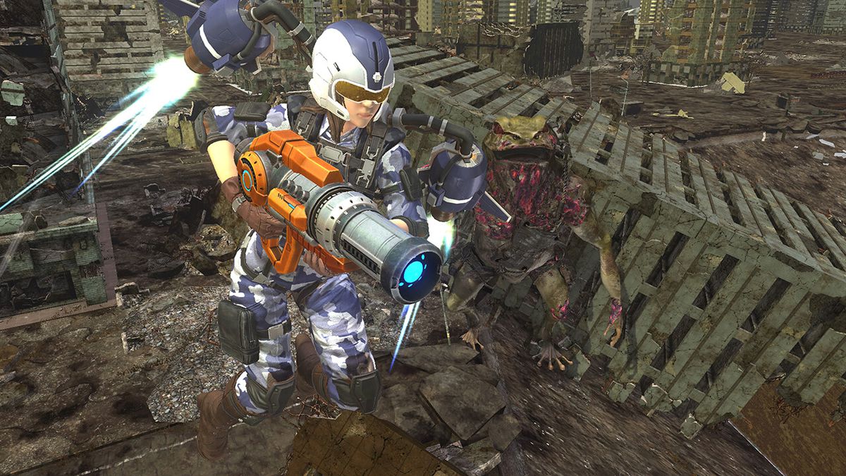 Un soldat volant échappe à une grenouille extraterrestre géante dans Earth Defense Force 6.