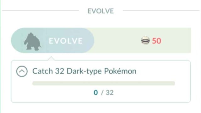 Pancham peut évoluer après avoir attrapé 32 Pokémon de type Ténèbres alors qu'il est votre copain dans Pokémon Go