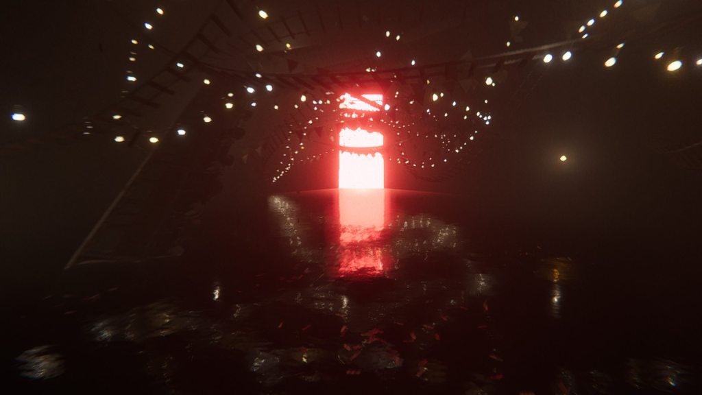 Capture d'écran de Shift 87 montrant une piscine d'eau avec une porte rouge vif au loin