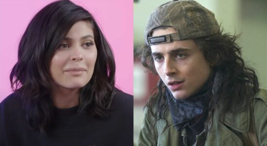 In side-by-side images, Kylie Jenner is shown in front of a pink background during a GQ interview, and Timothee Chalamet is shown in a Netflix press image in a scene from Don