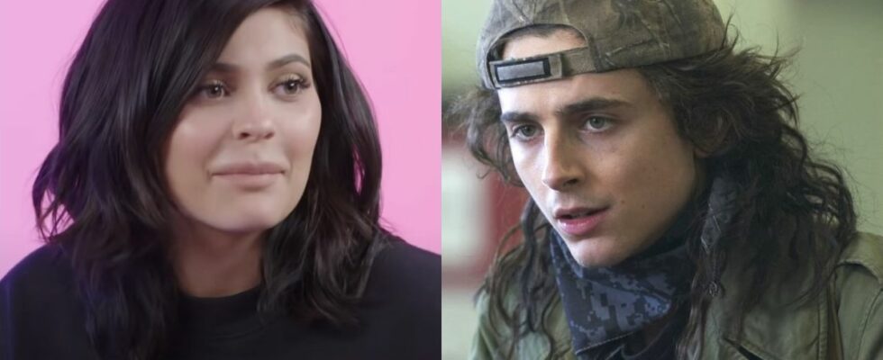 In side-by-side images, Kylie Jenner is shown in front of a pink background during a GQ interview, and Timothee Chalamet is shown in a Netflix press image in a scene from Don