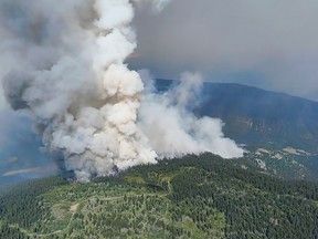 L'incendie de forêt de Shetland Creek brûle de manière incontrôlable près de Spences Bridge, en Colombie-Britannique, sur cette photo distribuée le 15 juillet 2024.