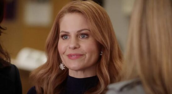 Still of Candace Cameron Bure in conversation in an Aurora Teagarden scene.