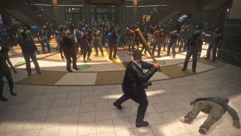 Dead Rising: Frank West wields a baseball bat as hordes of zombies advance on him in a shopping mall.