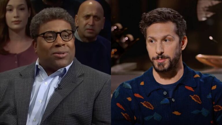 Split Image: Kenan Thompson in the Beavis and Butthead SNL Sketch and Andy Samberg in the Hart to Heart show