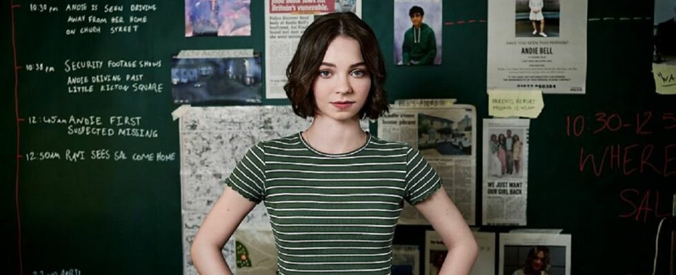 Amateur sleuth Pippa Fitz-Amobi (Emma Myers) stands before her wall of murder suspects in BBC murder-mystery series A Good Girl
