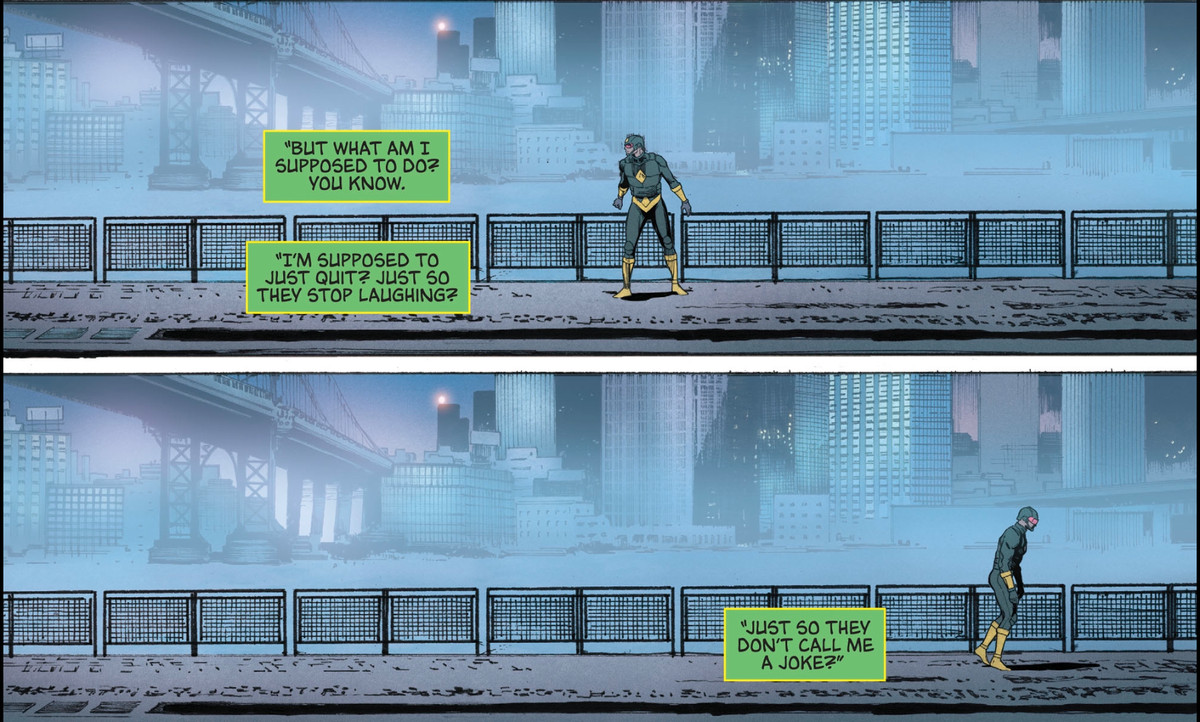Kite Man se promène le long d'un parc fluvial à Gotham, tandis que les panneaux de narration disent : « Mais que suis-je censé faire ? Vous savez. Je suis censé arrêter ? Juste pour qu'ils arrêtent de rire ? Juste pour qu'ils ne me traitent pas de blagueur ? » dans Batman #30 (DC Comics 2017).