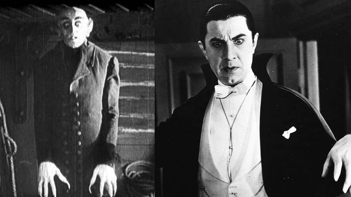 Une image montrant le comte Orlok de Nosferatu à gauche et la version Belga Lugosi du comte Dracula à droite.