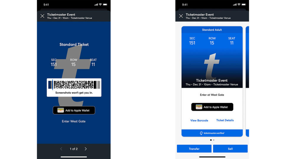 Captures d'écran côte à côte de l'application Ticketmaster affichant les codes-barres des événements.