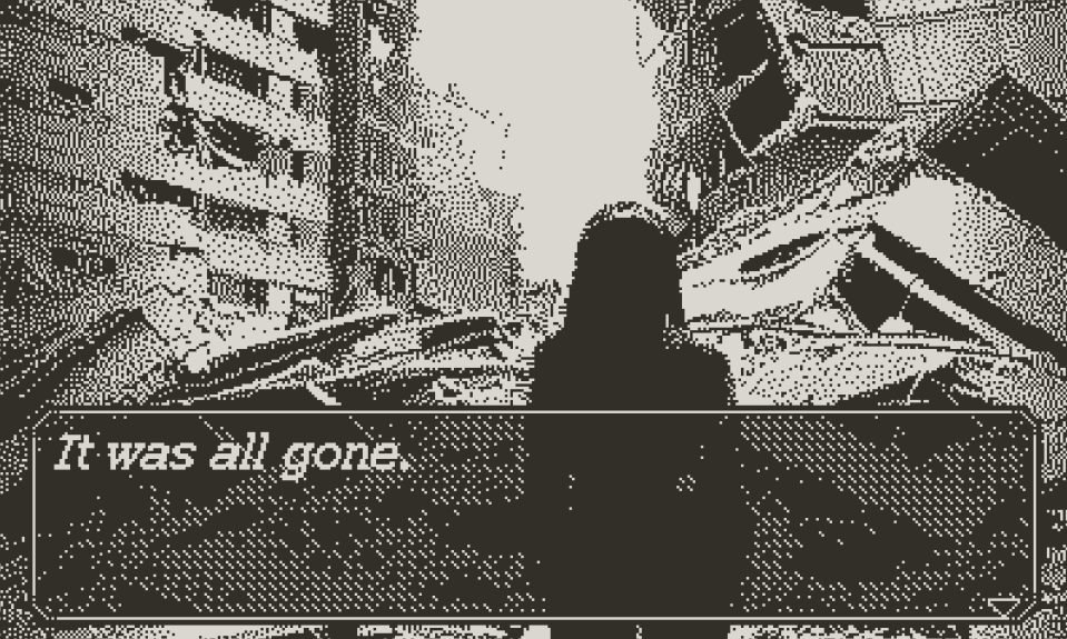 Une image tirée d'Echoes of the Emergent montrant une fille (vue de dos) regardant des bâtiments délabrés. Le texte dit : Tout avait disparu