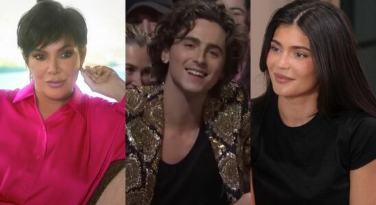 From left to right: Kris Jenner holding her right hand up to her ear and looking serious, Timothée Chalamet smiling while hosting SNL, and Kylie Jenner smiling and looking to her left on The Kardashians.