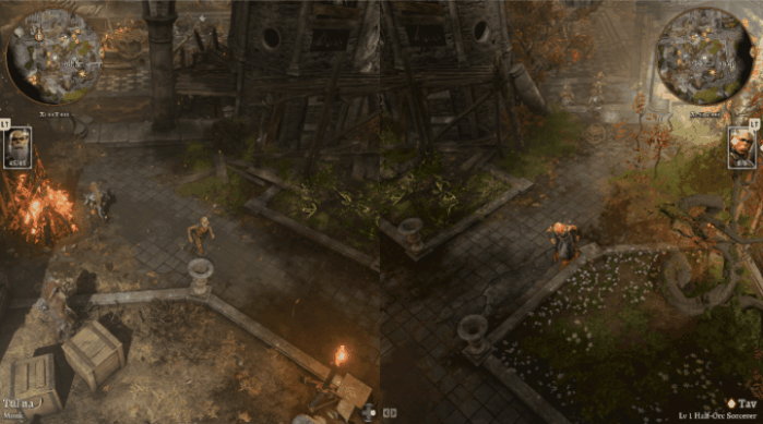 Un GIF animé de deux personnages dans le mode multijoueur de Baldur's Gate 3 affiché en écran partagé à droite et à gauche. Ils marchent l'un vers l'autre et l'écran partagé disparaît lorsqu'ils traversent la même zone. 