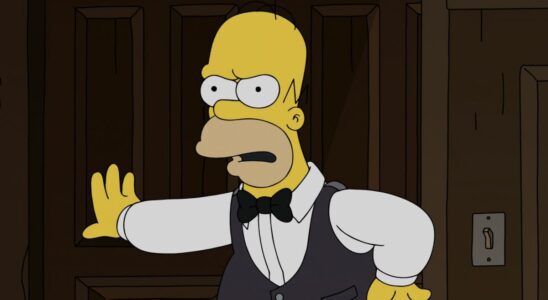Homer in suit vest and bowtie arguing with Marge in Scotland on The Simpsons