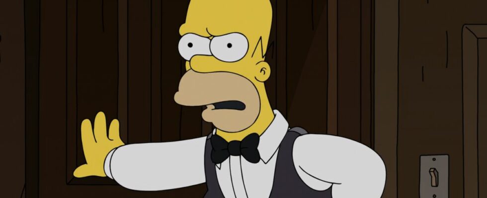 Homer in suit vest and bowtie arguing with Marge in Scotland on The Simpsons