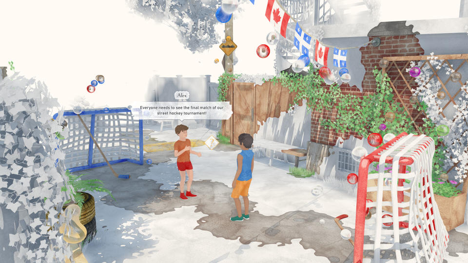 Capture d'écran d'un jeu appelé Été. Deux enfants discutent d'une partie de hockey à laquelle ils jouent dans une ruelle. Les drapeaux du Canada et du Québec flottent au-dessus d'eux. La scène est représentée dans un style aquarelle, bien qu'une grande partie semble blanche, comme si elle n'avait pas encore été peinte.