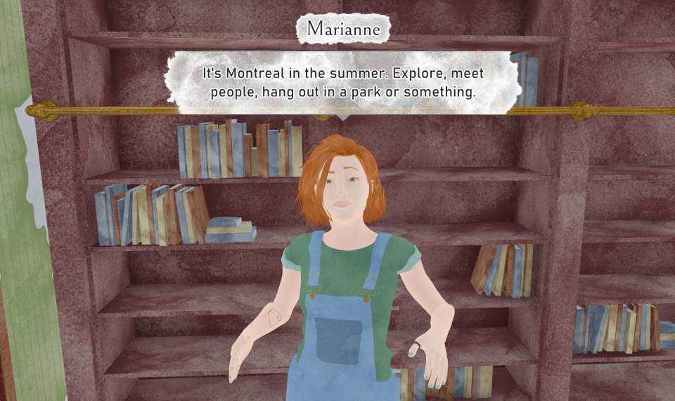 Capture d'écran d'un jeu appelé Été. Une personne et une bibliothèque derrière elles sont représentées dans un style artistique à l'aquarelle. La bulle de texte indique 