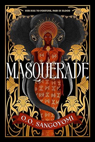 couverture de Masquerade par OO Sangoyomi ; illustration d'une femme noire dans une robe rouge et or et un couvre-chef debout devant un éléphant