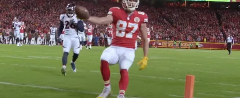 Travis Kelce is shown scoring a touchdown for the Kansas City Chiefs on an NFL Films special on the Kelce brothers.