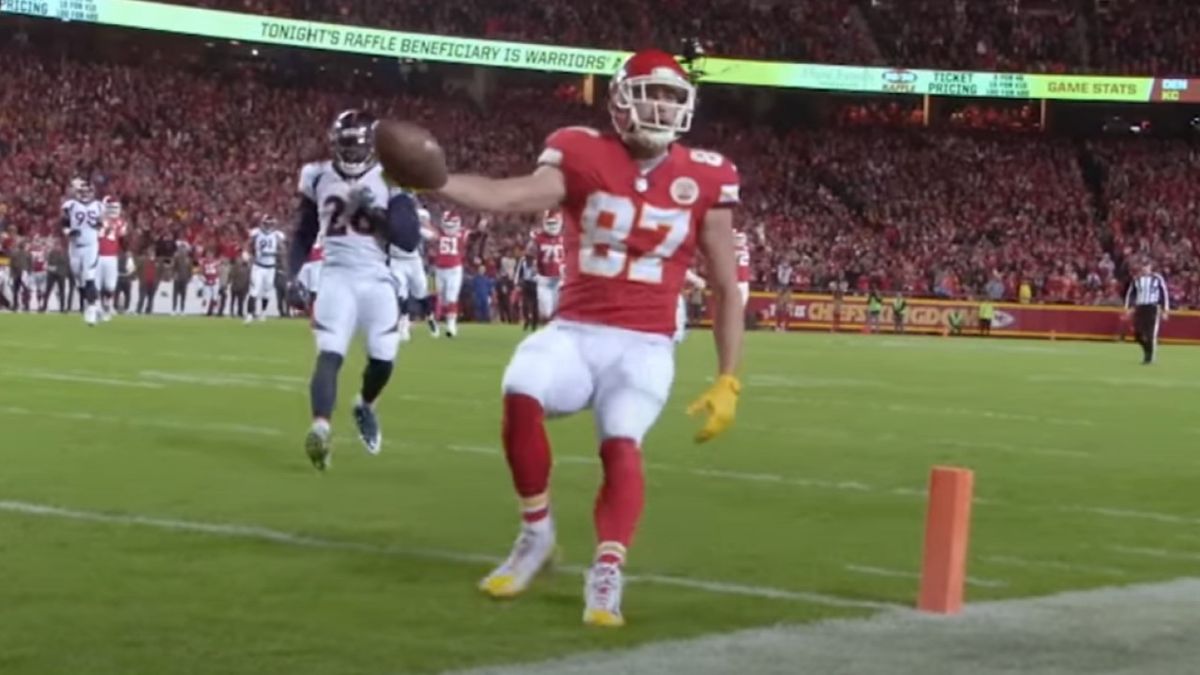 Travis Kelce is shown scoring a touchdown for the Kansas City Chiefs on an NFL Films special on the Kelce brothers.