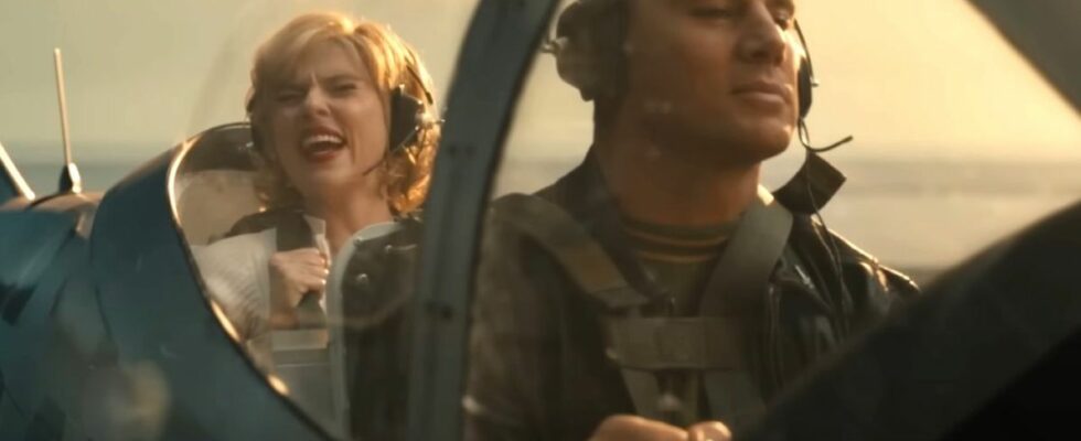 Scarlett Johansson and Channing Tatum are shown in a small plane in the trailer for Fly Me to the Moon.