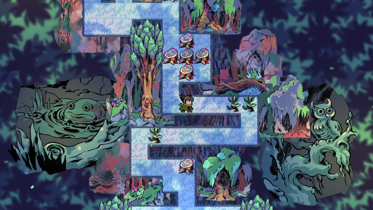 Capture d'écran d'Arranger : une aventure de puzzles de rôles, montrant un monde aux teintes violettes et bleues avec des tuiles changeantes
