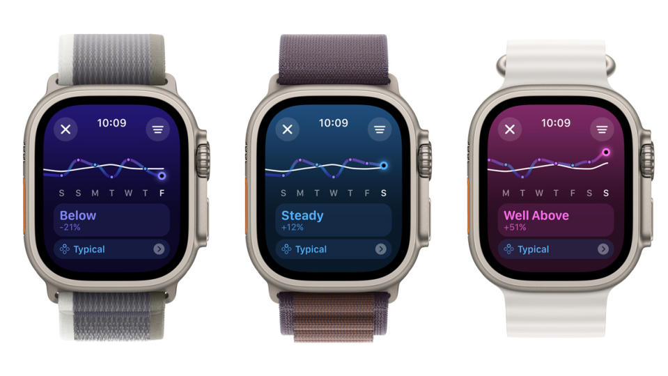 Trois montres Apple avec l'application Vitals sur leurs écrans, montrant les changements de sommeil.