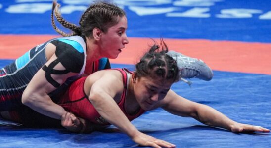 ISTANBUL, TURKIYE - MAY 11: Turkish National Wrestler Zeynep Yetgil, competes with Shokhida Akhmedova during the World Olympic Qualifications in Istanbul, Turkiye on May 11, 2024. Yetgil, secure her place in the Paris 2024 Olympic Games by triumphing over her opponent Shokhida Akhmedova with a score of 10-0 in the women